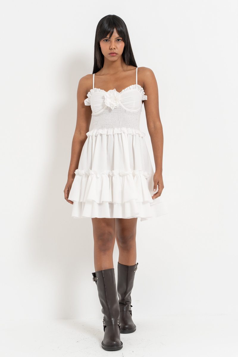 Offwhite Rose-Accent Smocked Dress