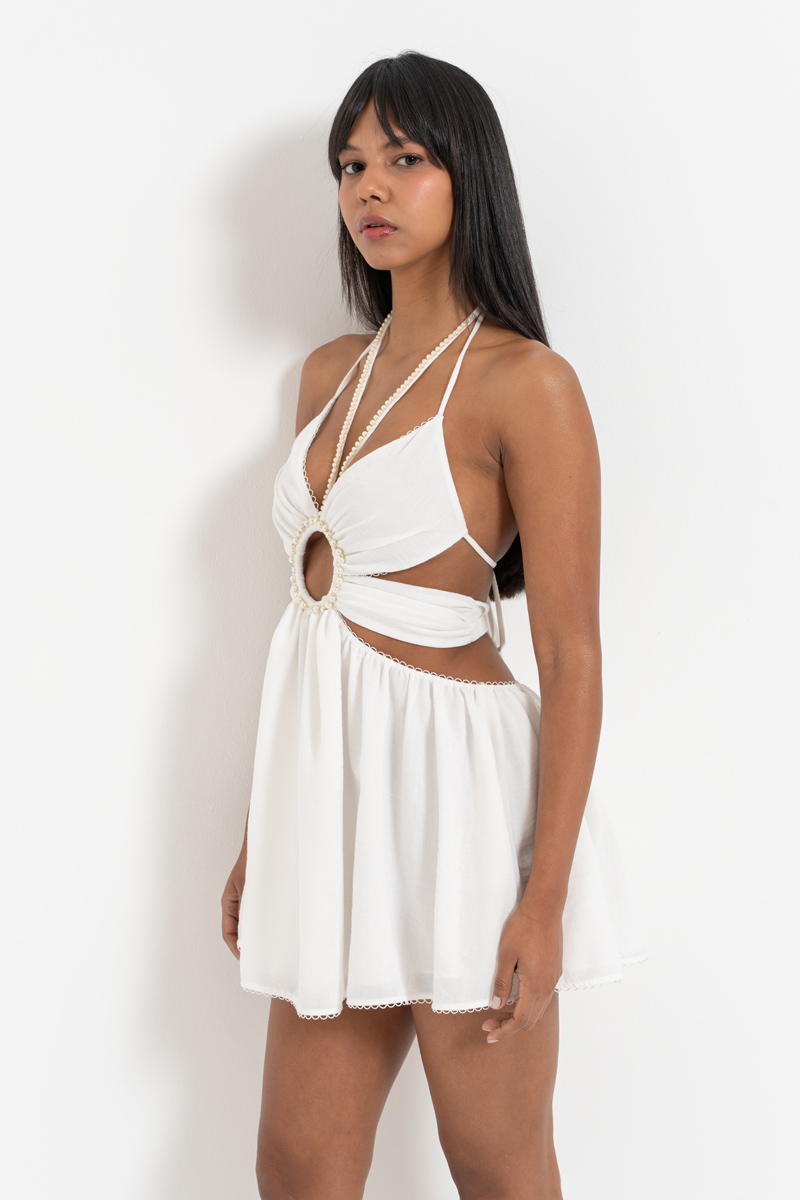 Wholesale Offwhite Pearl Embellished Halter Dress