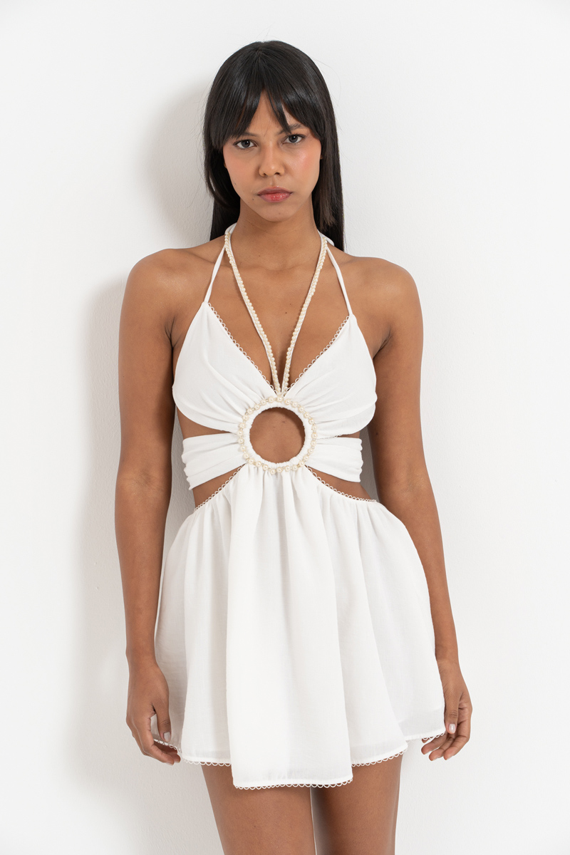 Wholesale Offwhite Pearl Embellished Halter Dress