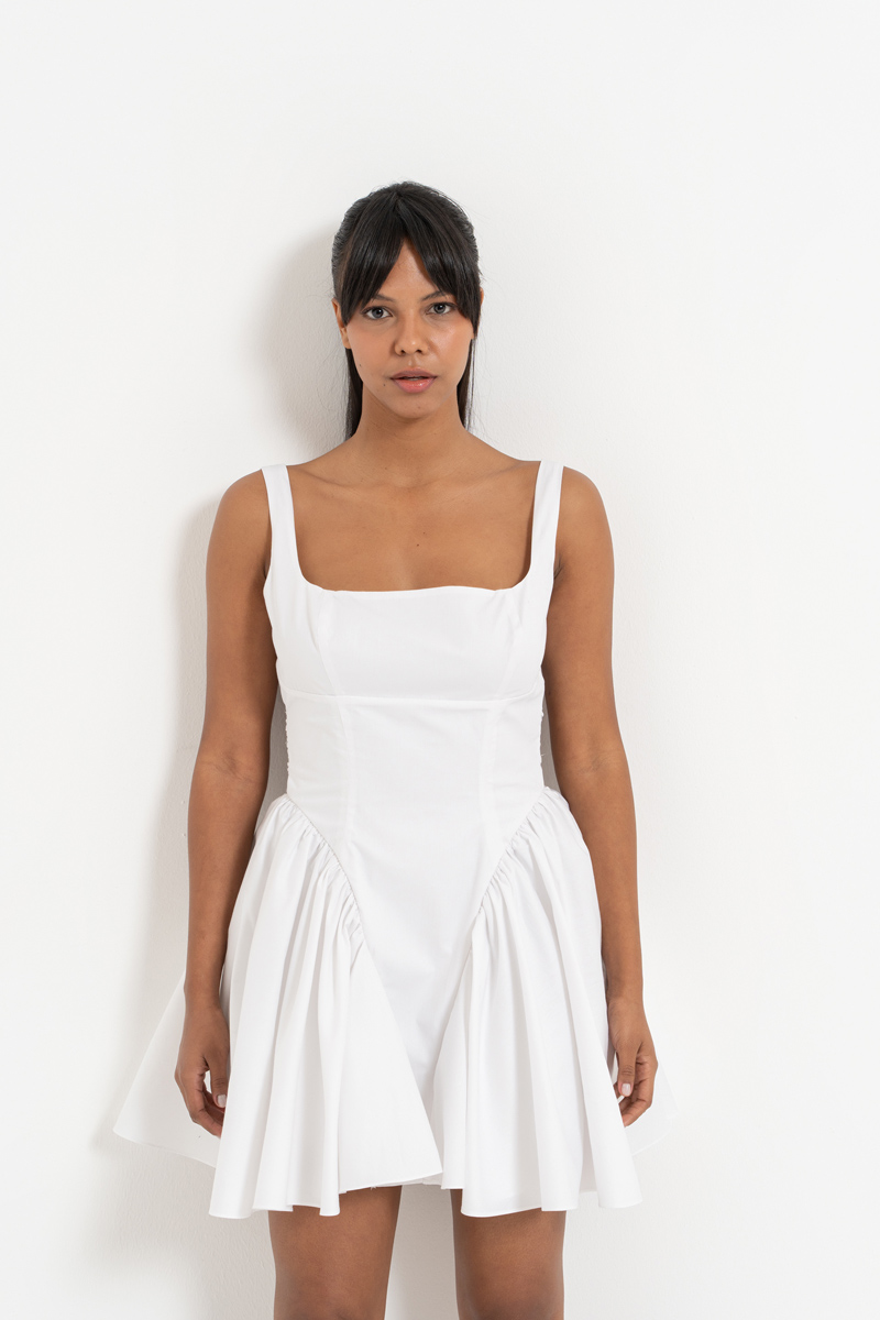 Off white Büzgülü Mini Poplin Elbise