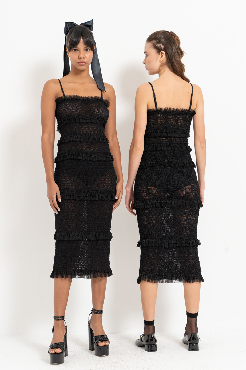 Black Ruffle-Trim Cami Midi Dress