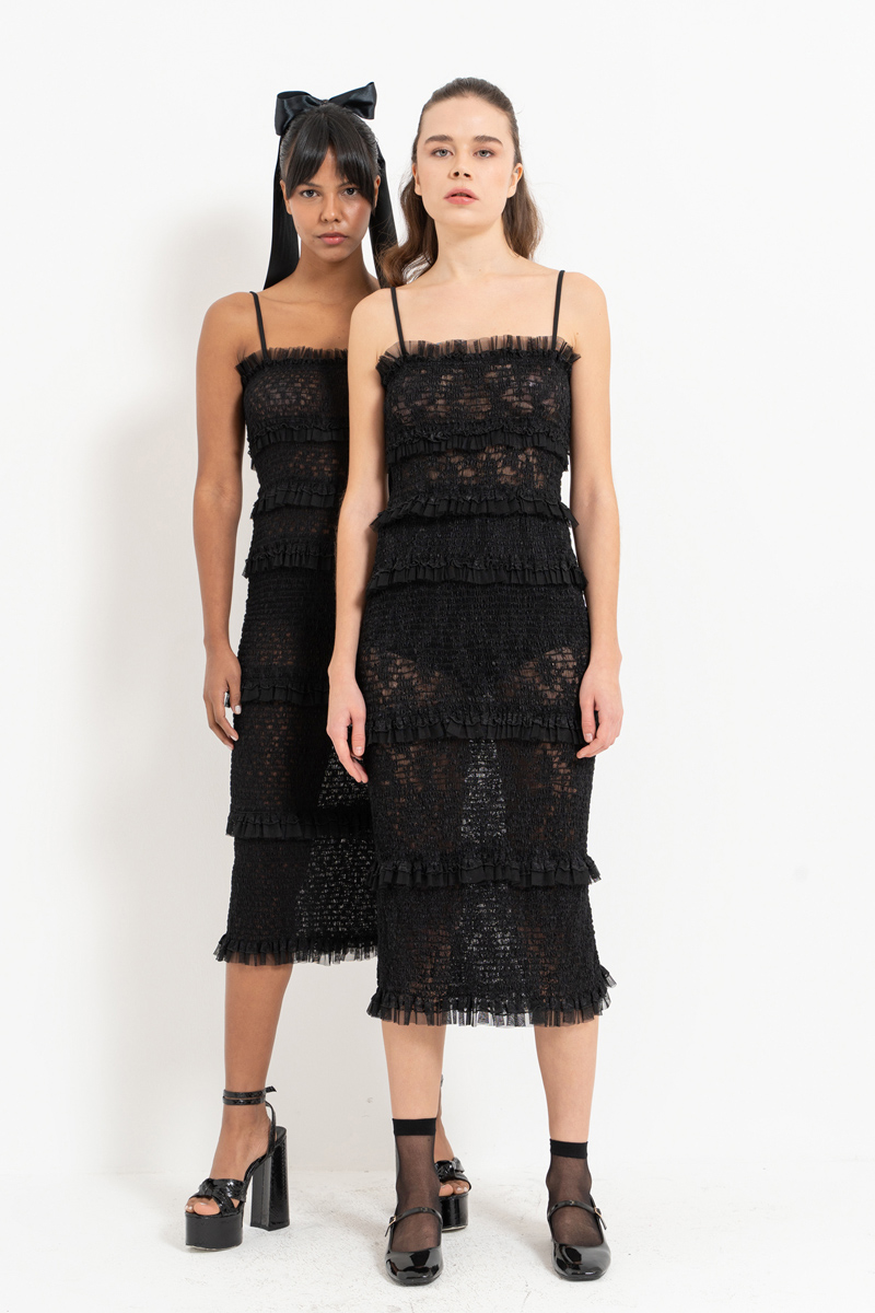 Wholesale Black Ruffle-Trim Cami Midi Dress