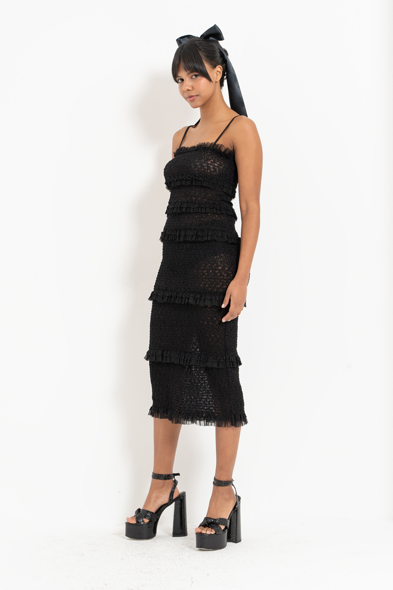 Black Ruffle-Trim Cami Midi Dress