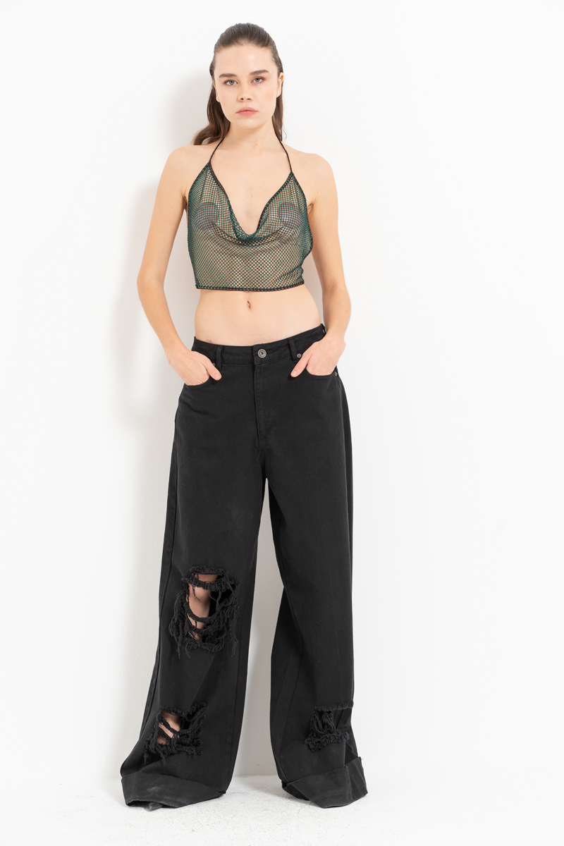 Emerald Green Embellished Halter Net Top