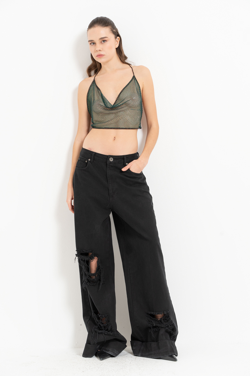 Emerald Green Embellished Halter Net Top