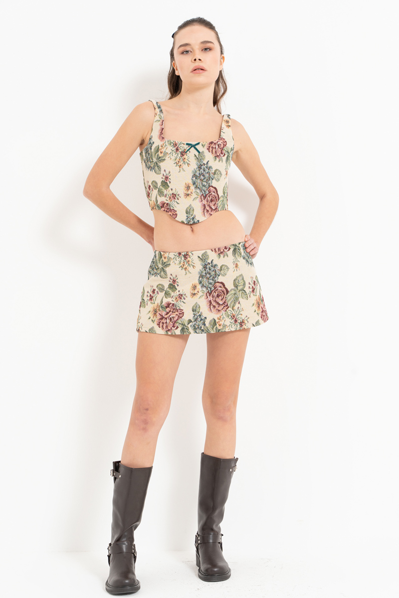 Wholesale NUDE-GREEN-FLOWER Floral Crop Cami & Mini Skirt Set