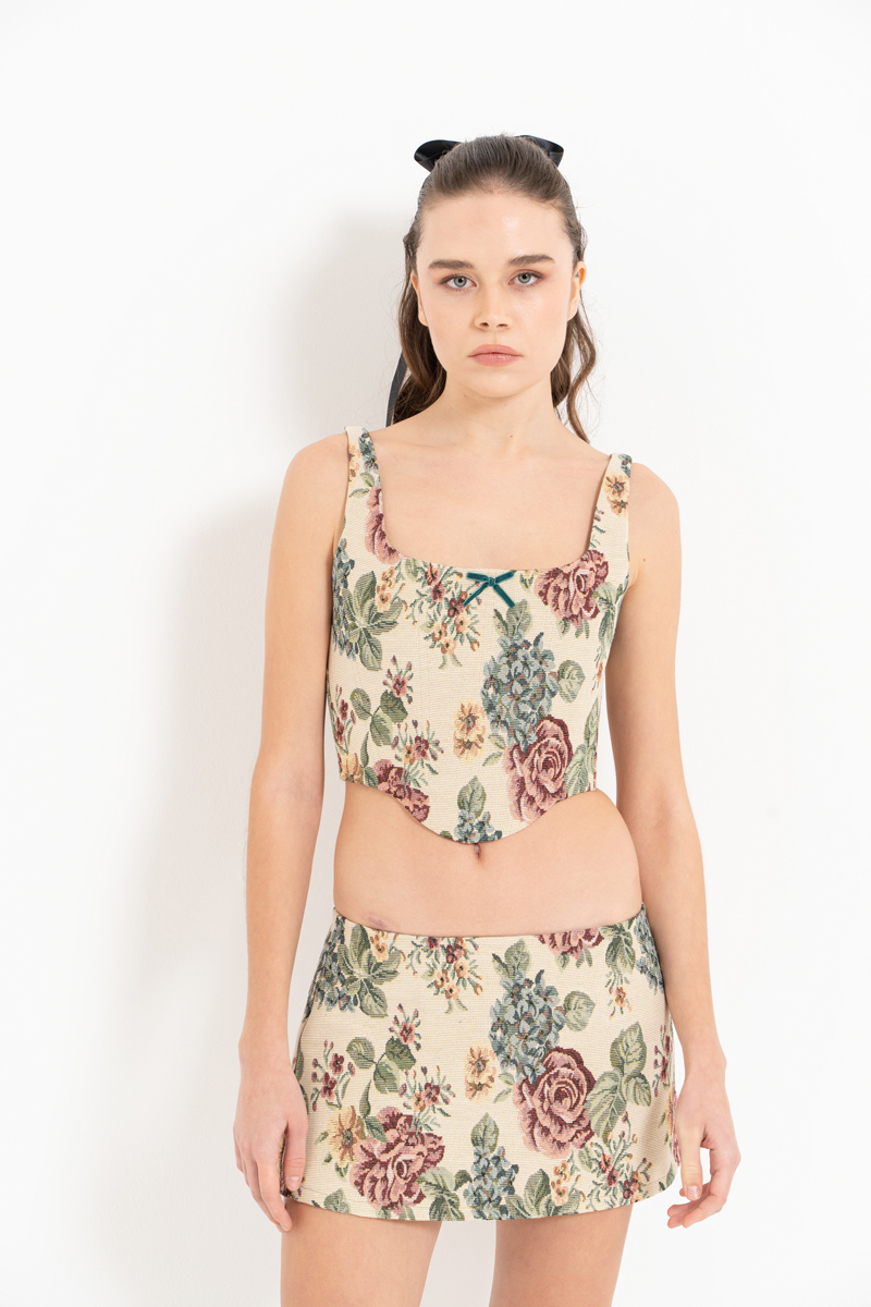 NUDE-GREEN-FLOWER Floral Crop Cami & Mini Skirt Set