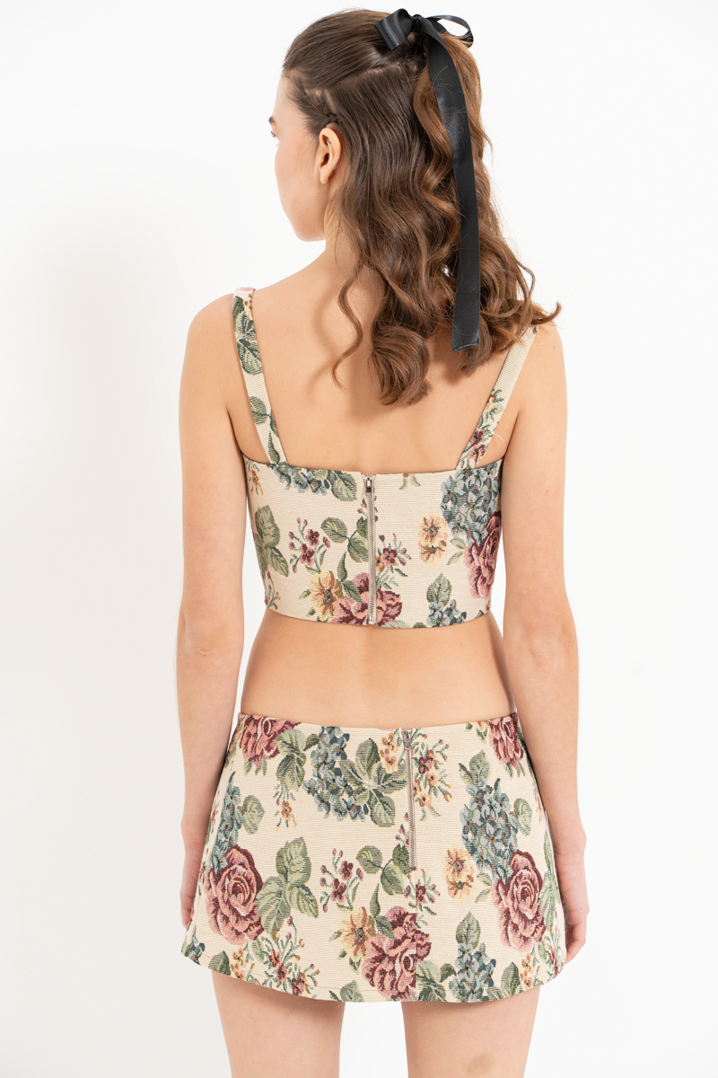 Wholesale NUDE-GREEN-FLOWER Floral Crop Cami & Mini Skirt Set