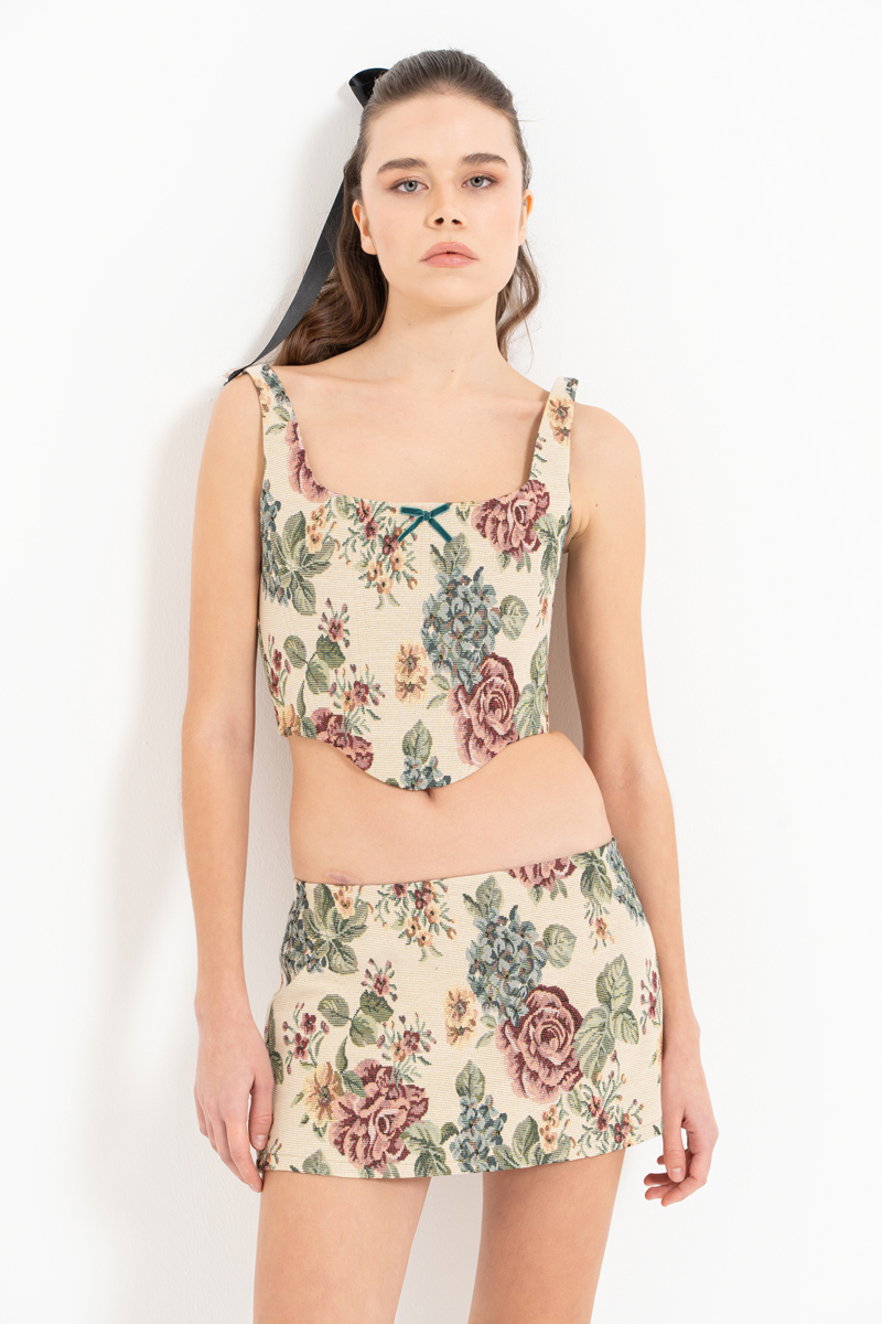 NUDE-GREEN-FLOWER Floral Crop Cami & Mini Skirt Set