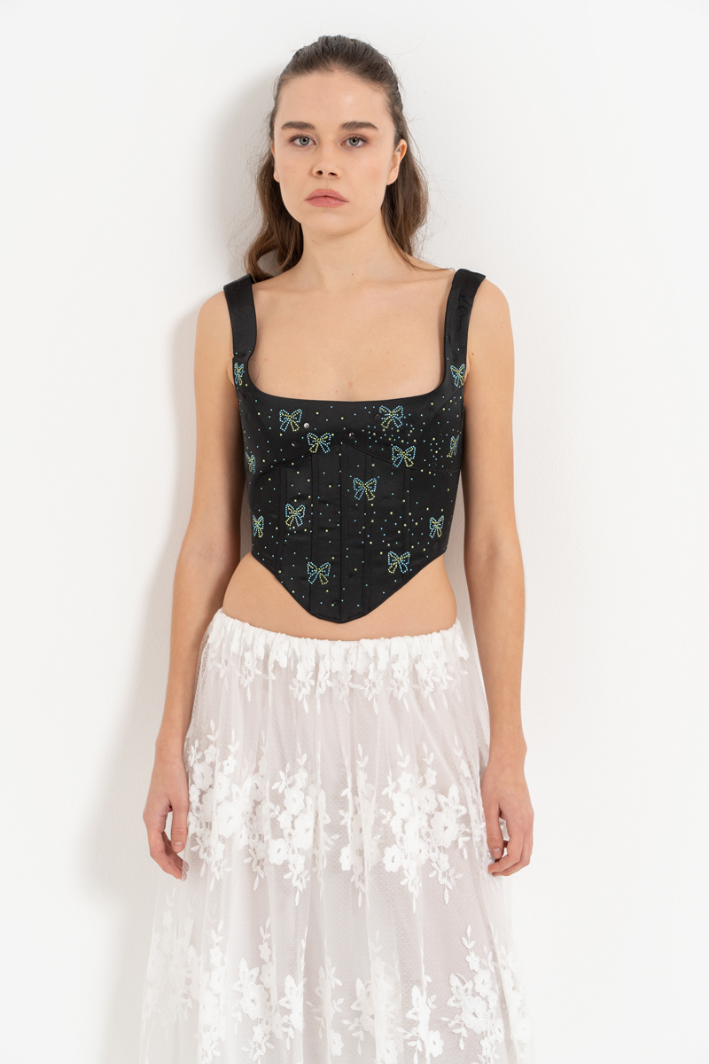 Black Embellished Wired Satin Bustier