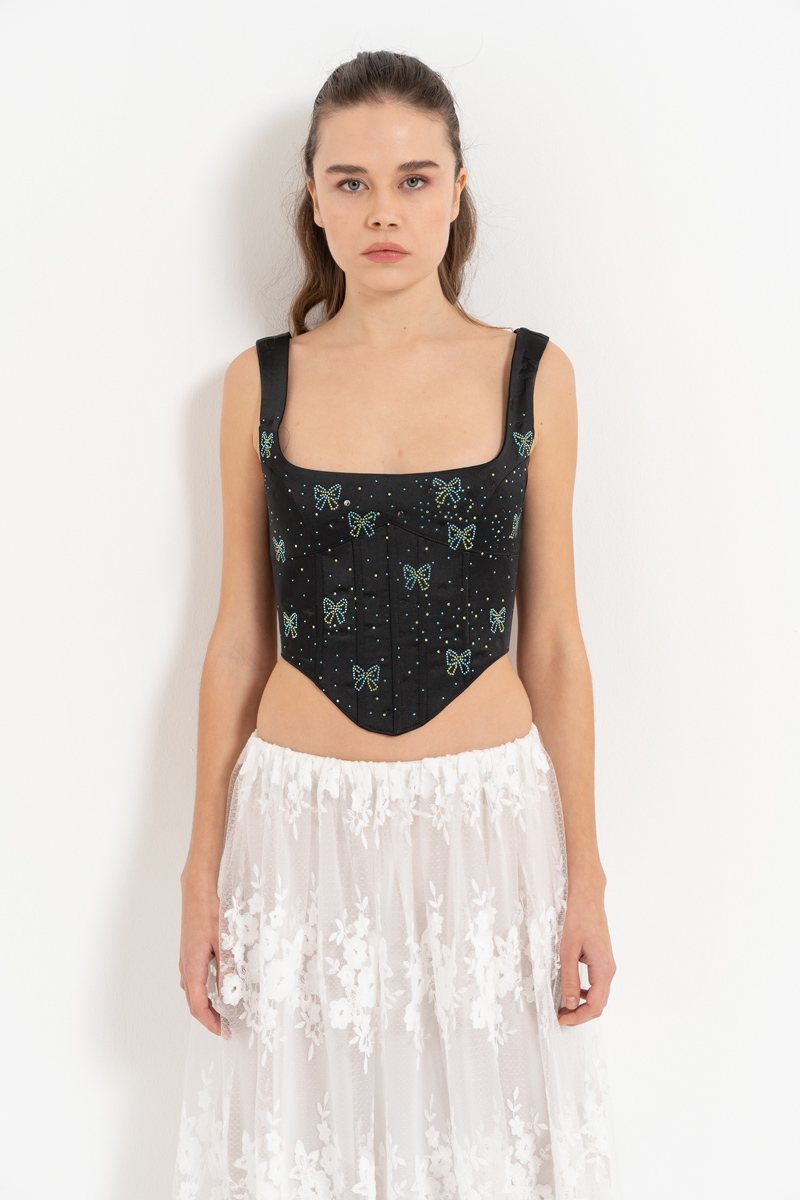 Black Embellished Wired Satin Bustier