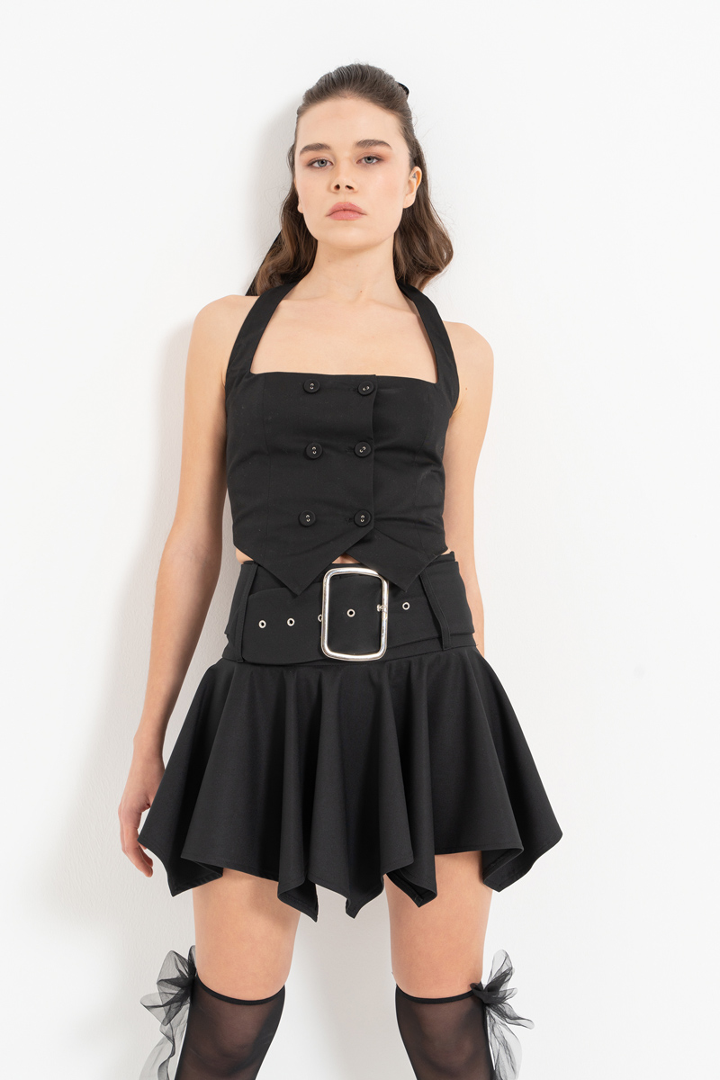 Black Button-Front Halter Crop Top