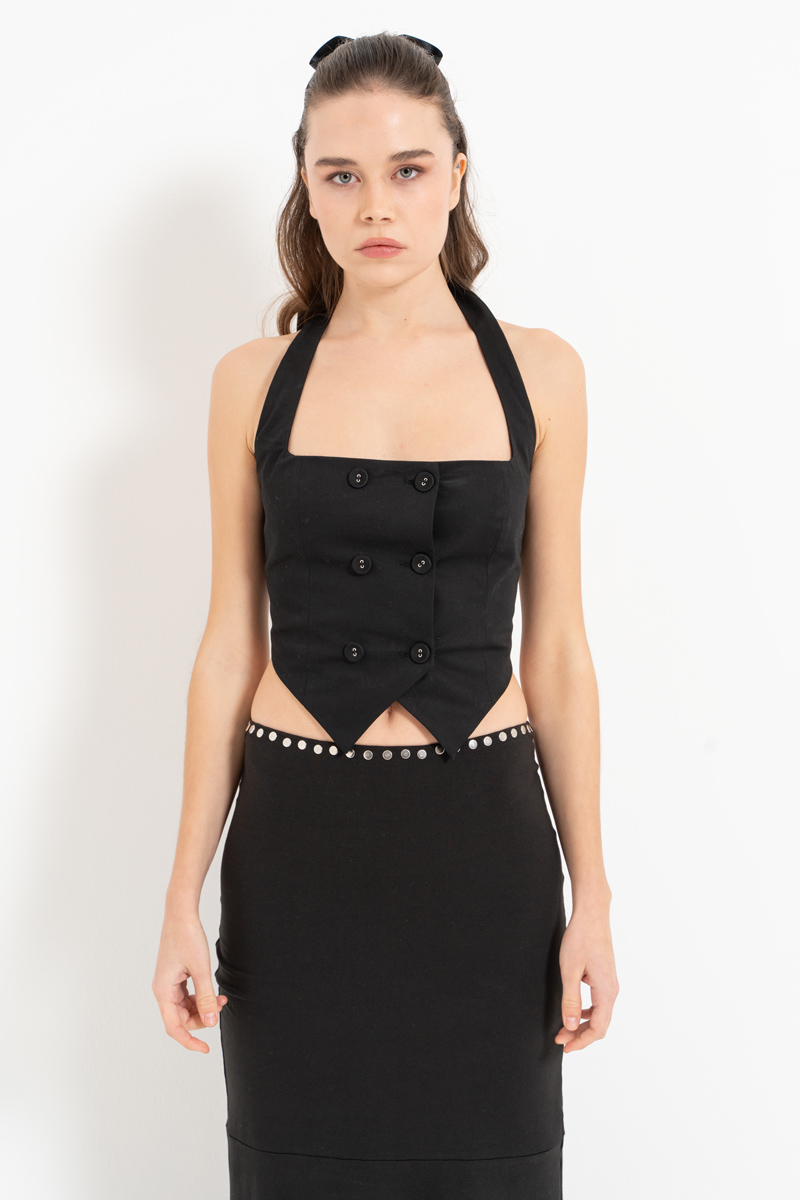 Black Button-Front Halter Crop Top