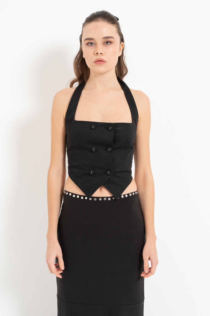 Black Button-Front Halter Crop Top