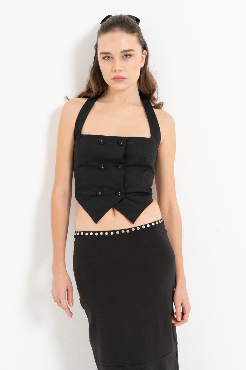 Black Button-Front Halter Crop Top