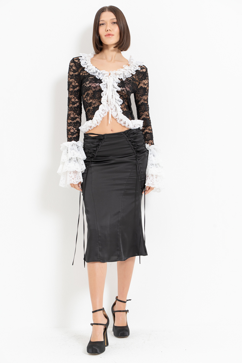 Wholesale Black-White Tie-Front Ruffle-Trim Lace Top