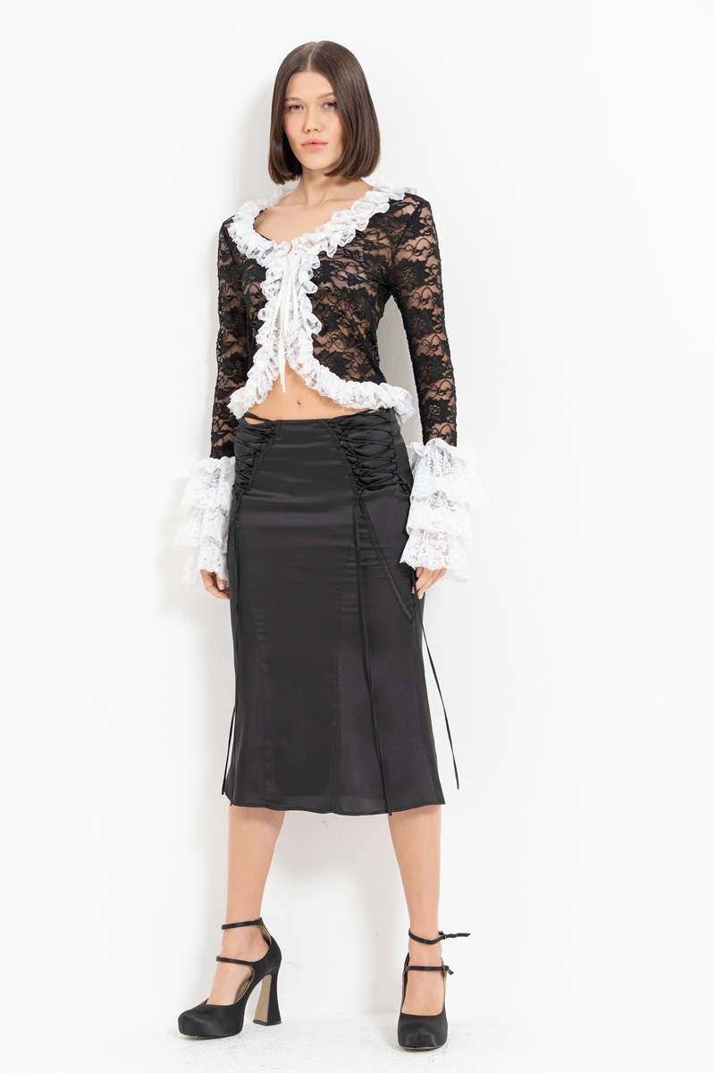 Wholesale Black-White Tie-Front Ruffle-Trim Lace Top