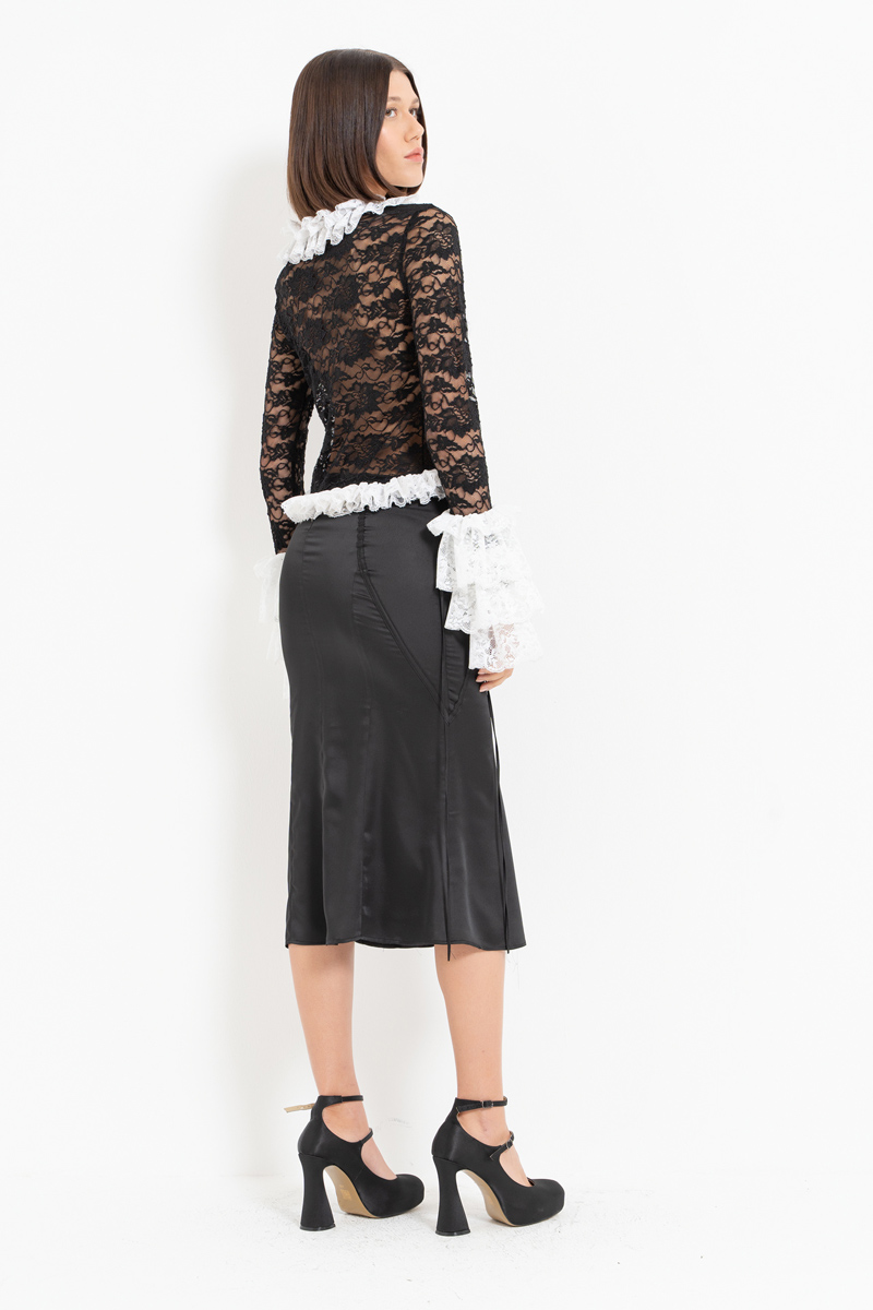 Black-White Tie-Front Ruffle-Trim Lace Top