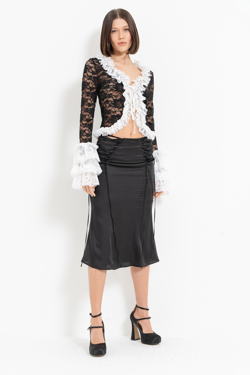 Black-White Tie-Front Ruffle-Trim Lace Top