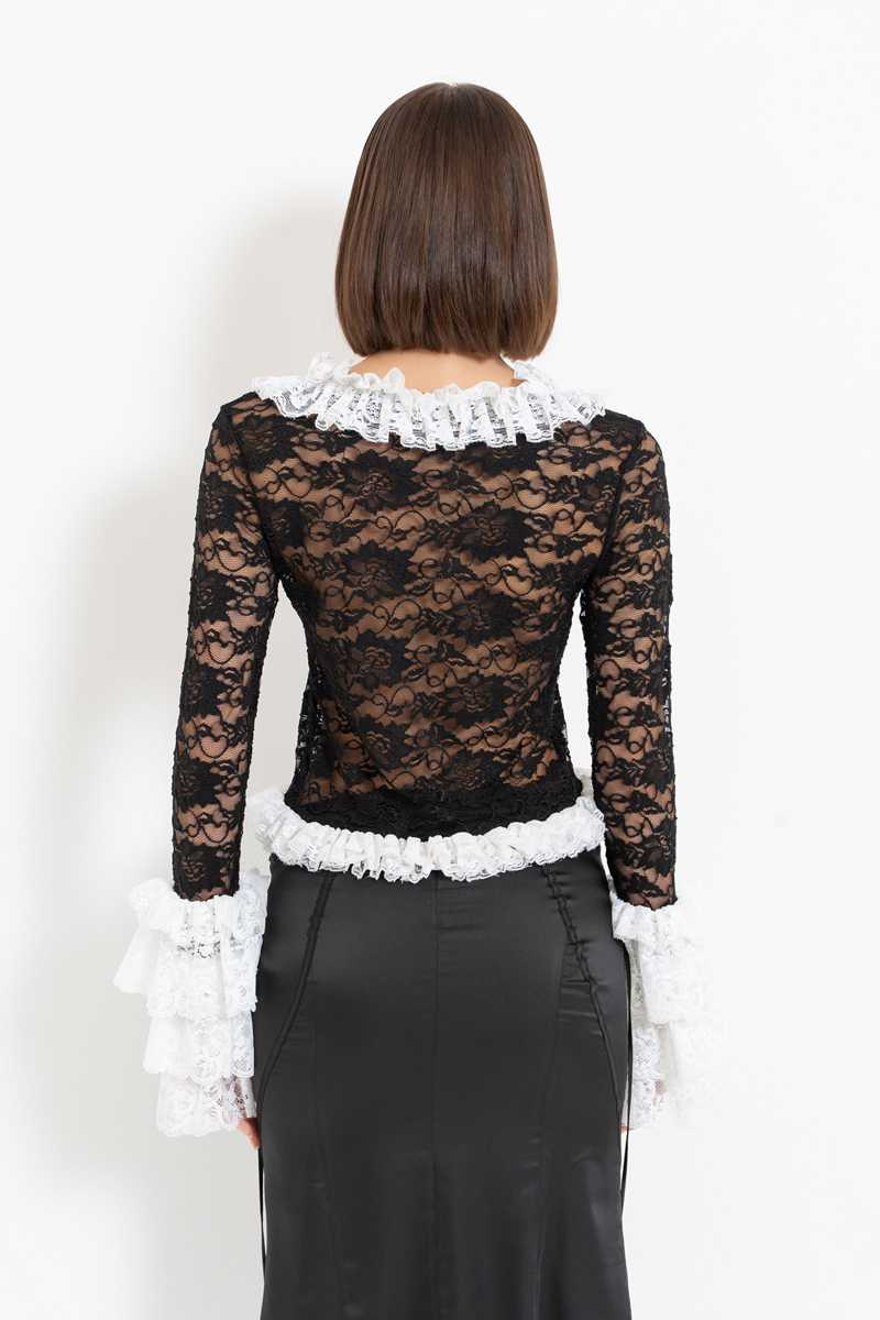 Wholesale Black-White Tie-Front Ruffle-Trim Lace Top