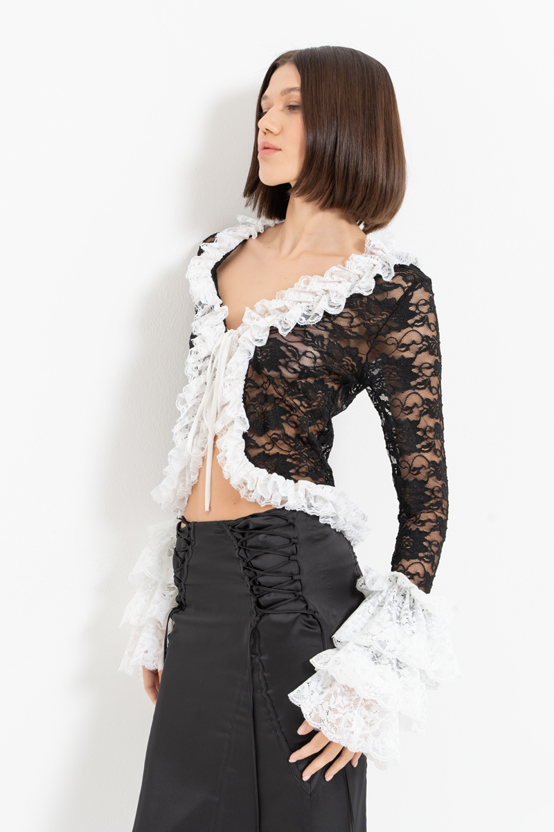 Wholesale Black-White Tie-Front Ruffle-Trim Lace Top