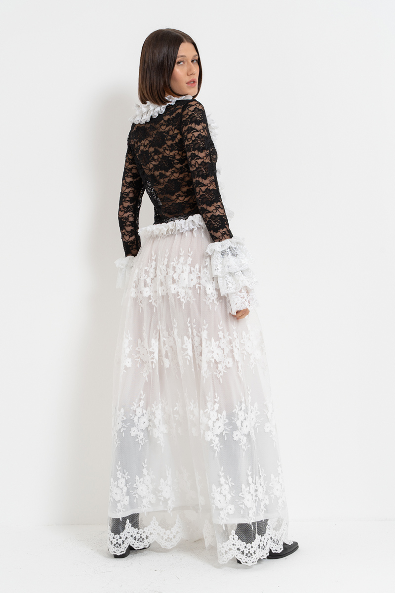 Black-White Tie-Front Ruffle-Trim Lace Top