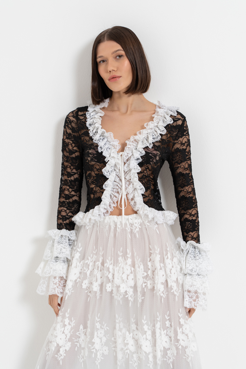 Black-White Tie-Front Ruffle-Trim Lace Top