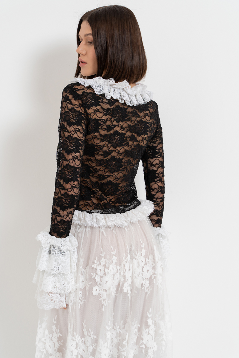 Black-White Tie-Front Ruffle-Trim Lace Top