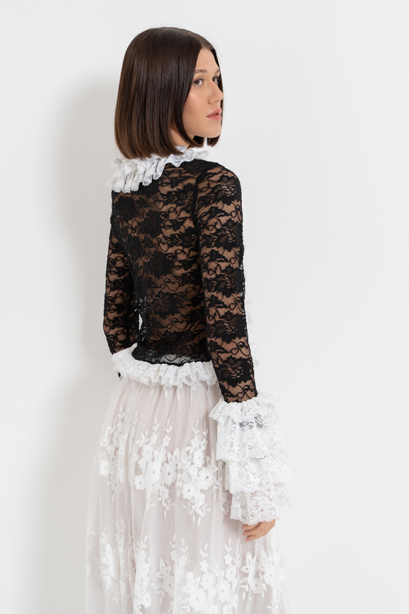 Wholesale Black-White Tie-Front Ruffle-Trim Lace Top