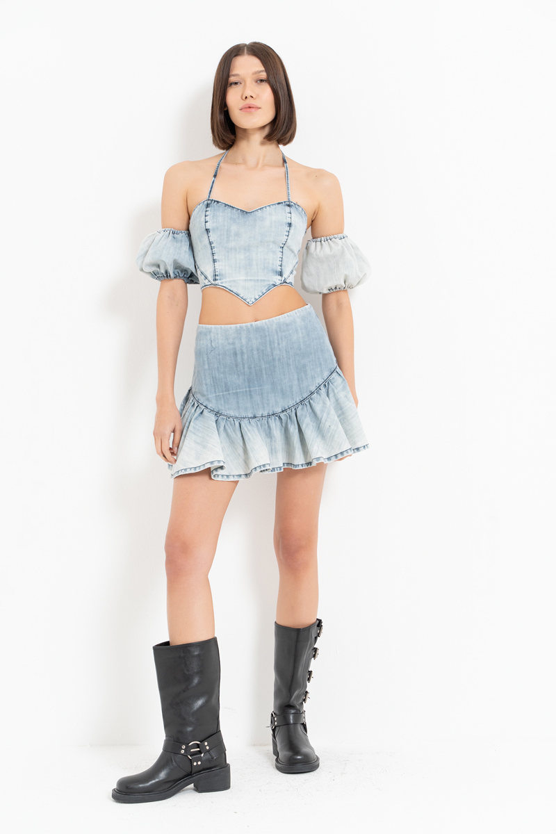 Ice Blue Halter Denim Crop Cami & Skirt Set