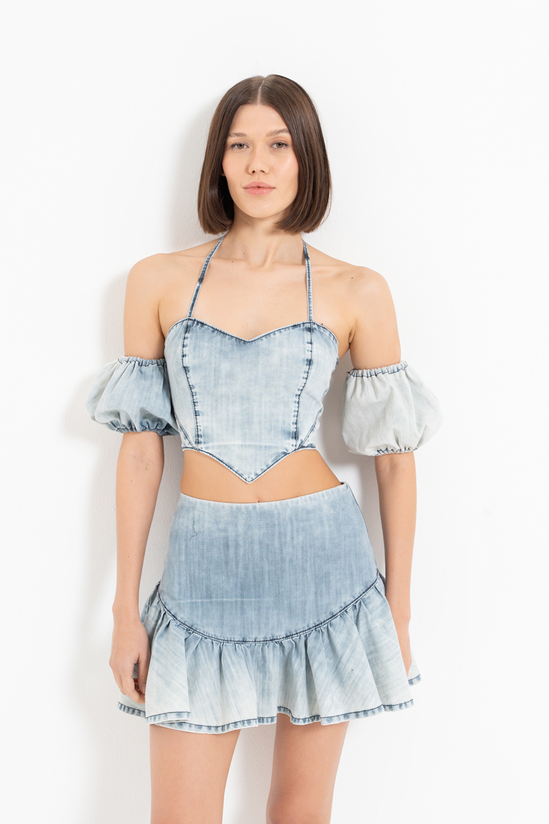 Ice Blue Halter Denim Crop Cami & Skirt Set