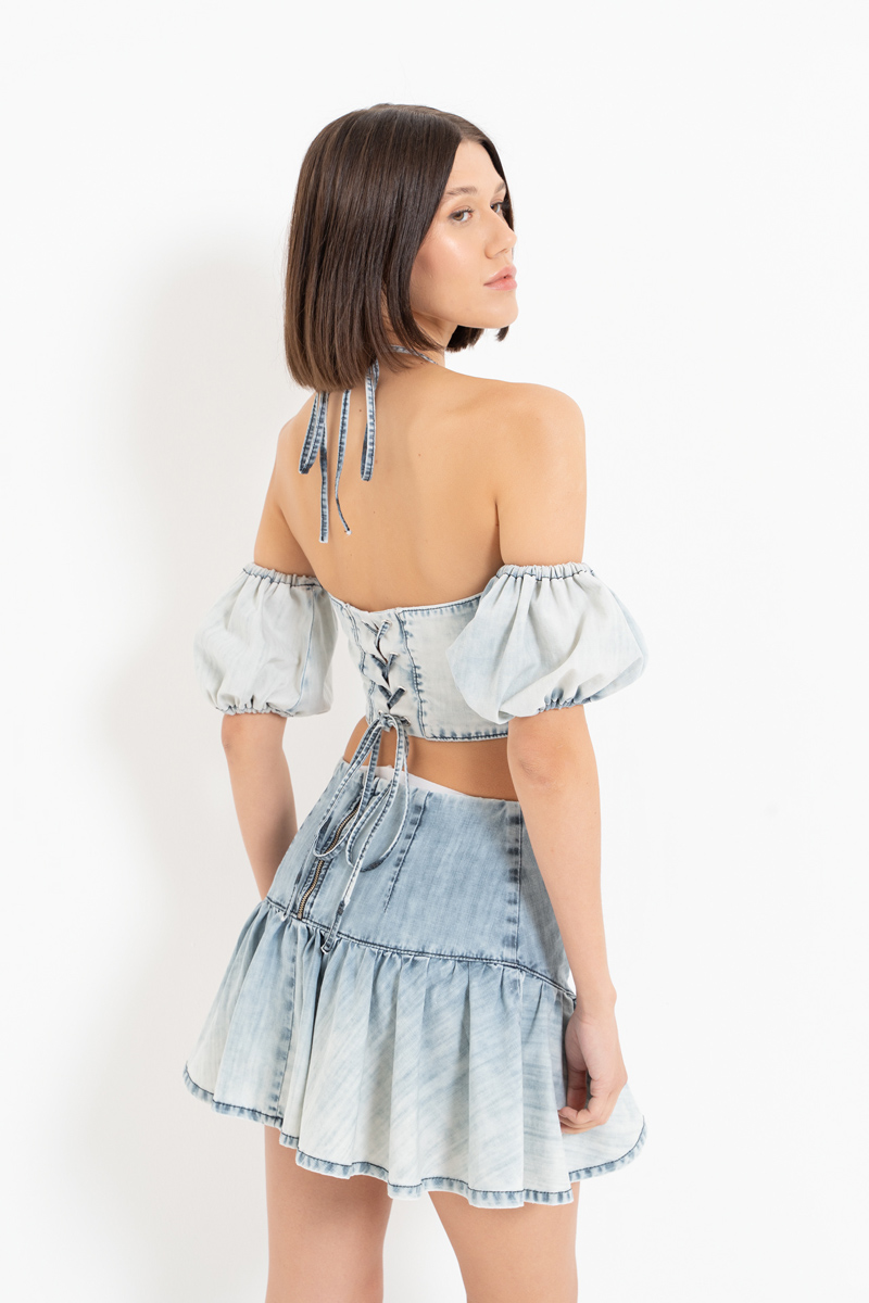 Wholesale Ice Blue Halter Denim Crop Cami & Skirt Set