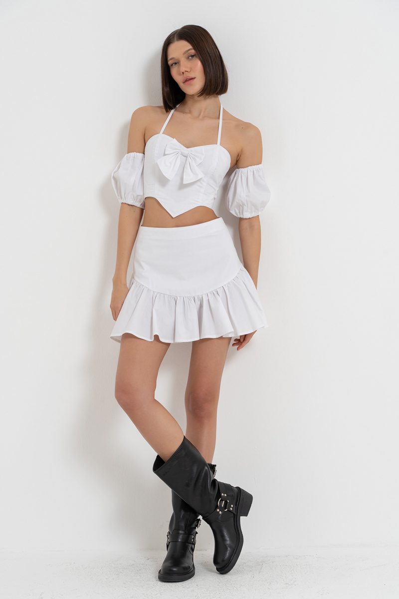Offwhite Bow-Accent Crop Cami & Skirt Set