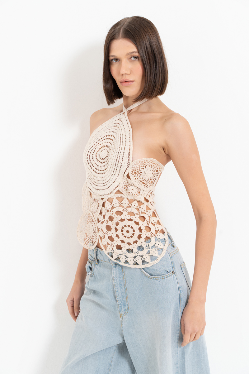 Sand Backless Lace Top