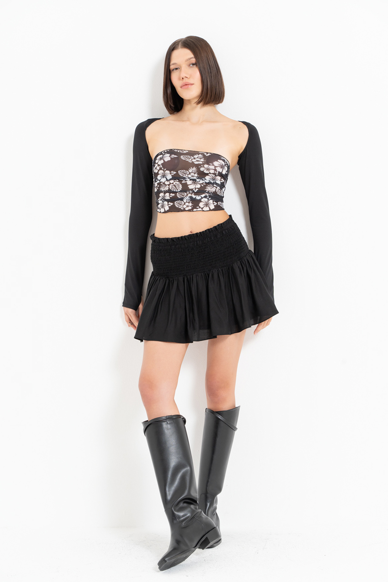 Black Smocked Mini Skirt with Interior Lining