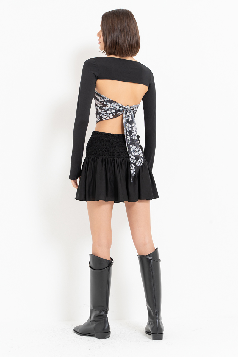 Black Smocked Mini Skirt with Interior Lining