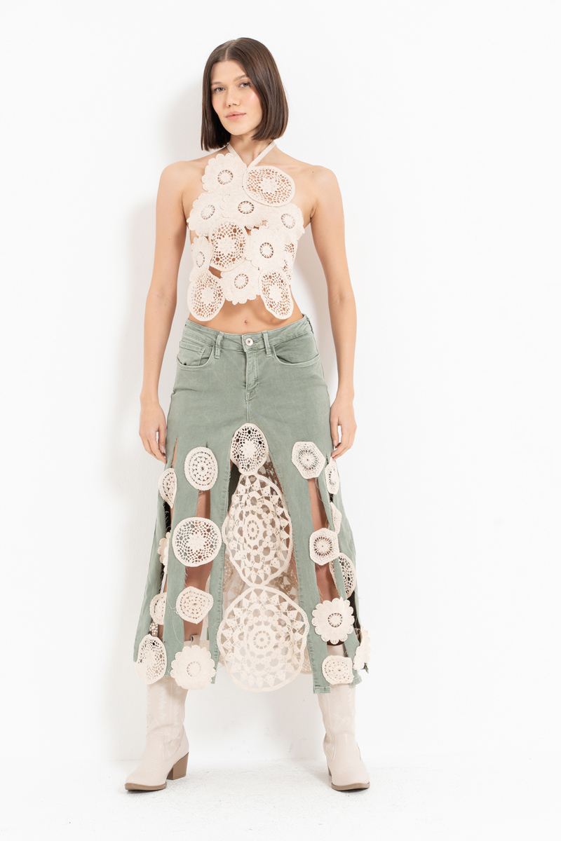 Green Crochet-Accent Denim Skirt