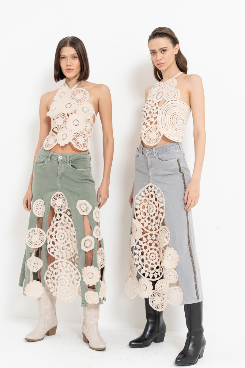 Green Crochet-Accent Denim Skirt