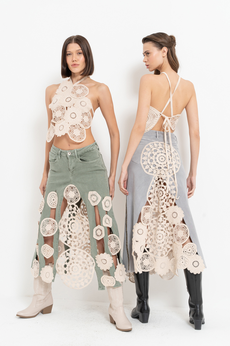 Green Crochet-Accent Denim Skirt