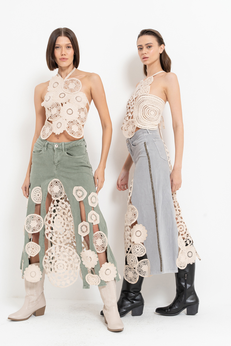 Green Crochet-Accent Denim Skirt