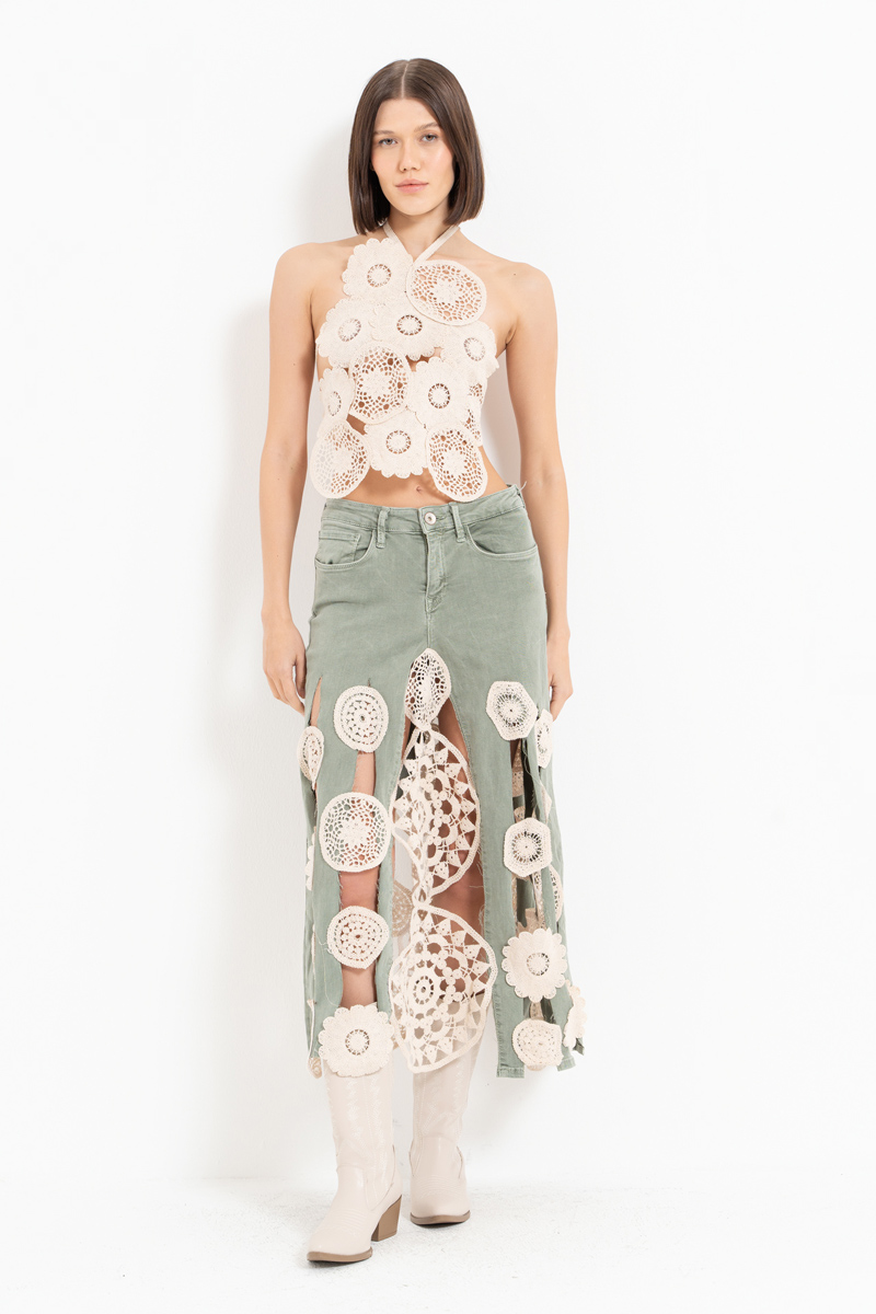 Green Crochet-Accent Denim Skirt