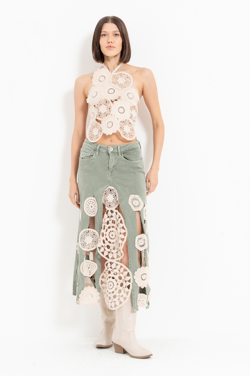Green Crochet-Accent Denim Skirt