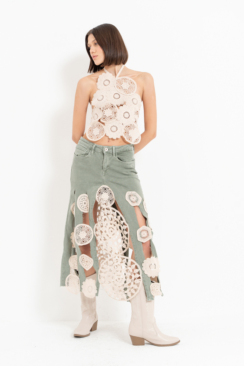 Green Crochet-Accent Denim Skirt