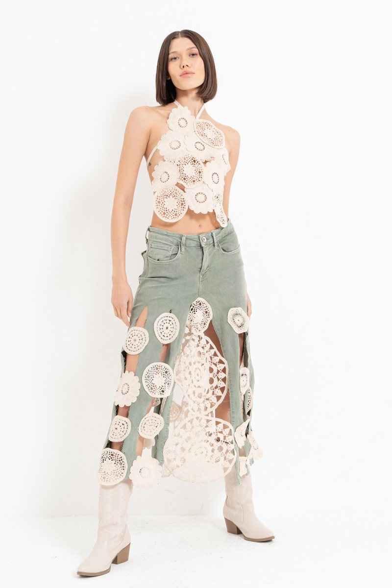 Green Crochet-Accent Denim Skirt