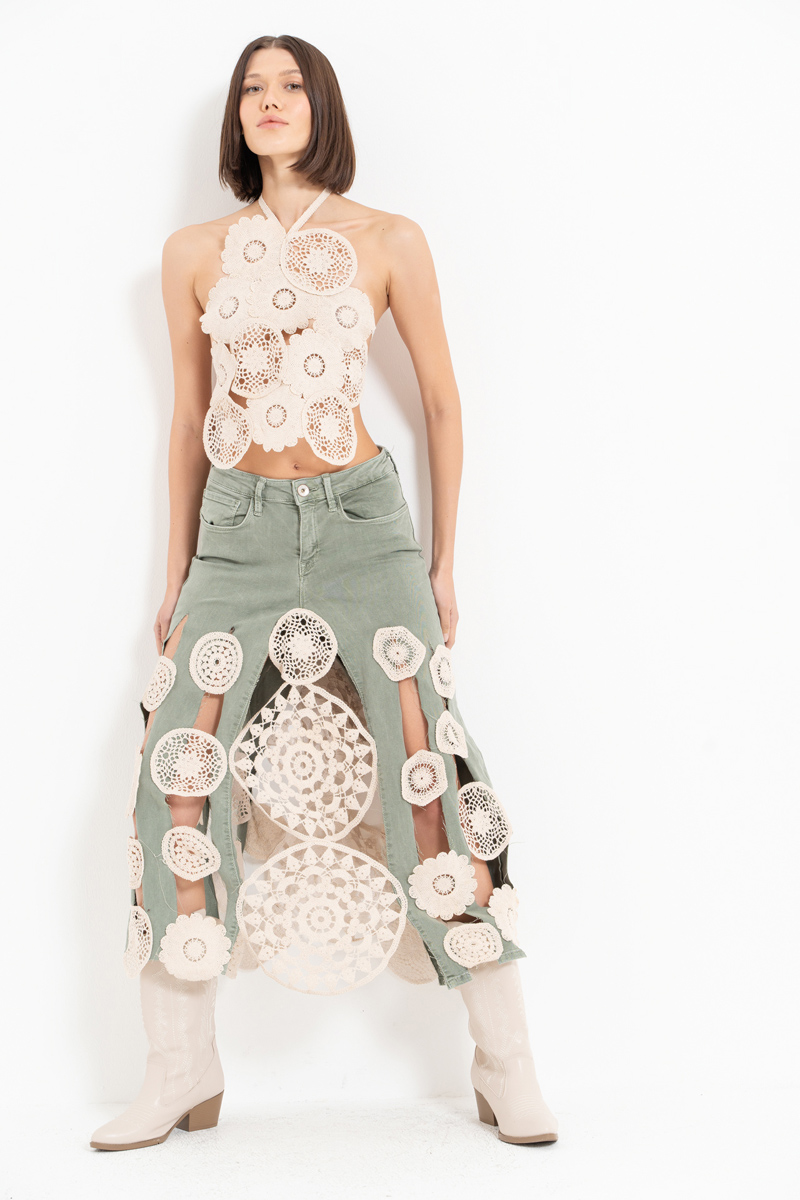 Green Crochet-Accent Denim Skirt