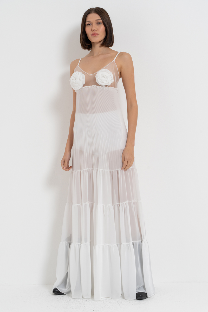 Offwhite Rose-Accent Chiffon Maxi Dress