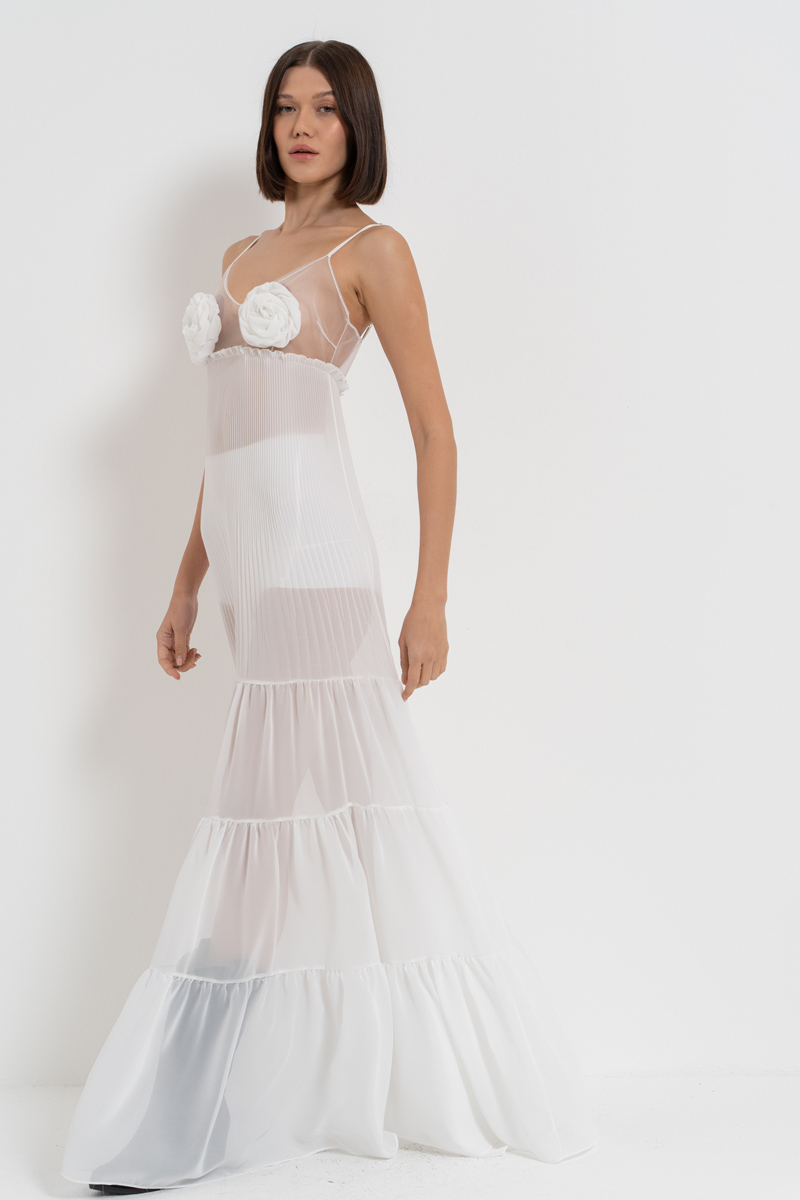 Wholesale Offwhite Rose-Accent Chiffon Maxi Dress