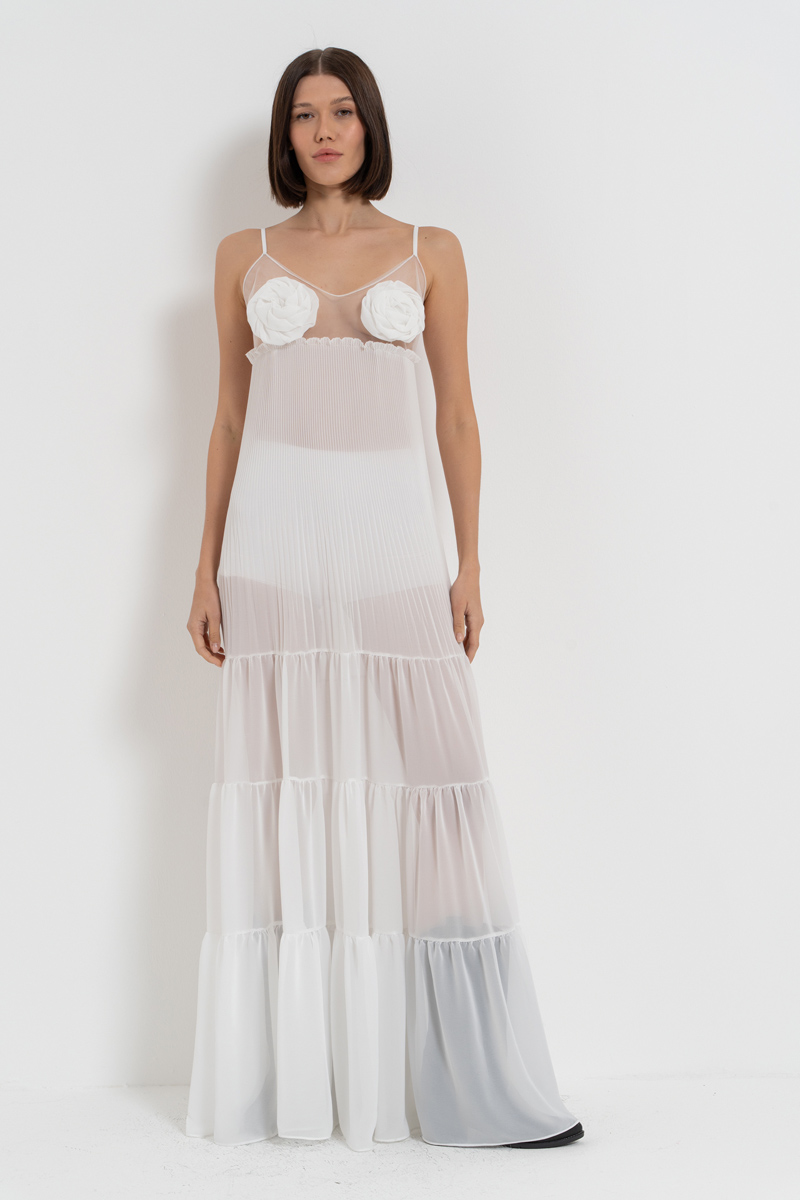 Wholesale Offwhite Rose-Accent Chiffon Maxi Dress