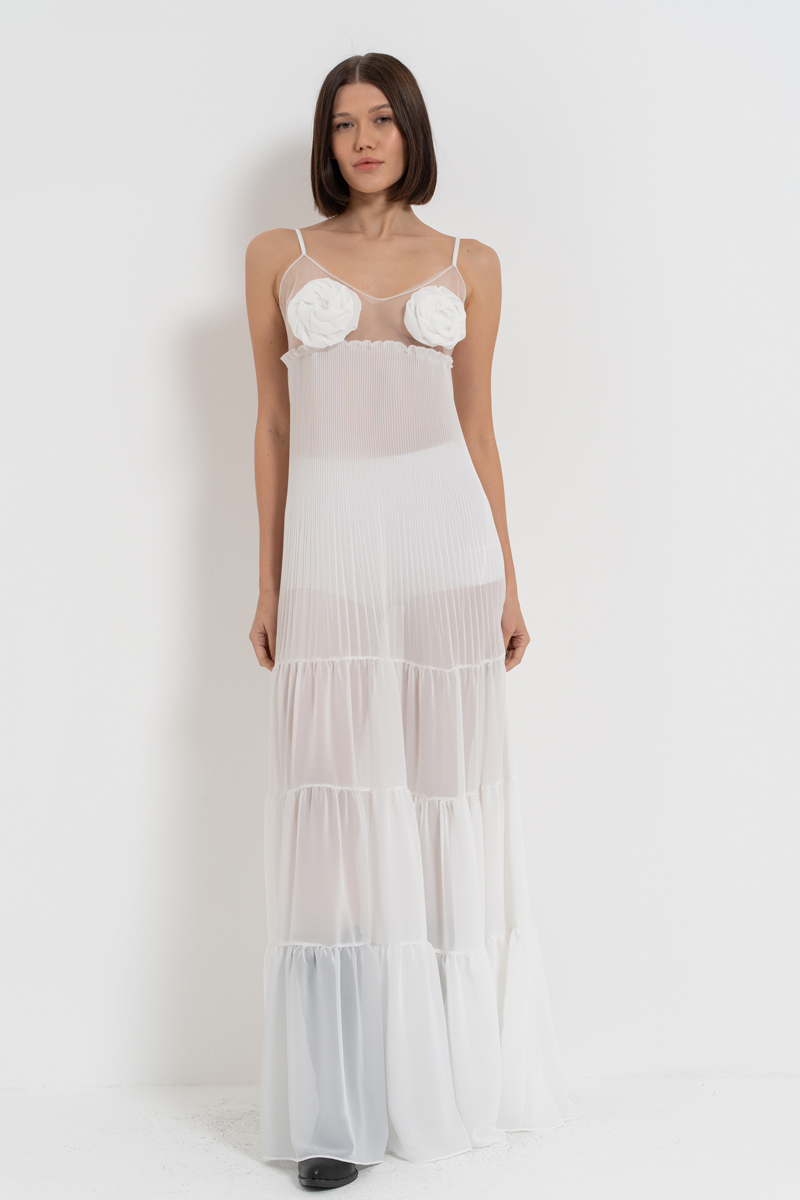 Toptan Off white Gül Detaylı Uzun Şifon Elbise