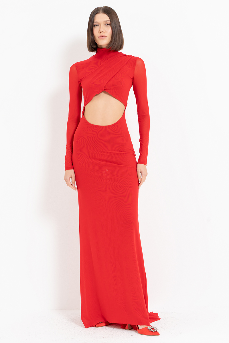 Wholesale Red Cut Out Waist Mesh Maxi Dress